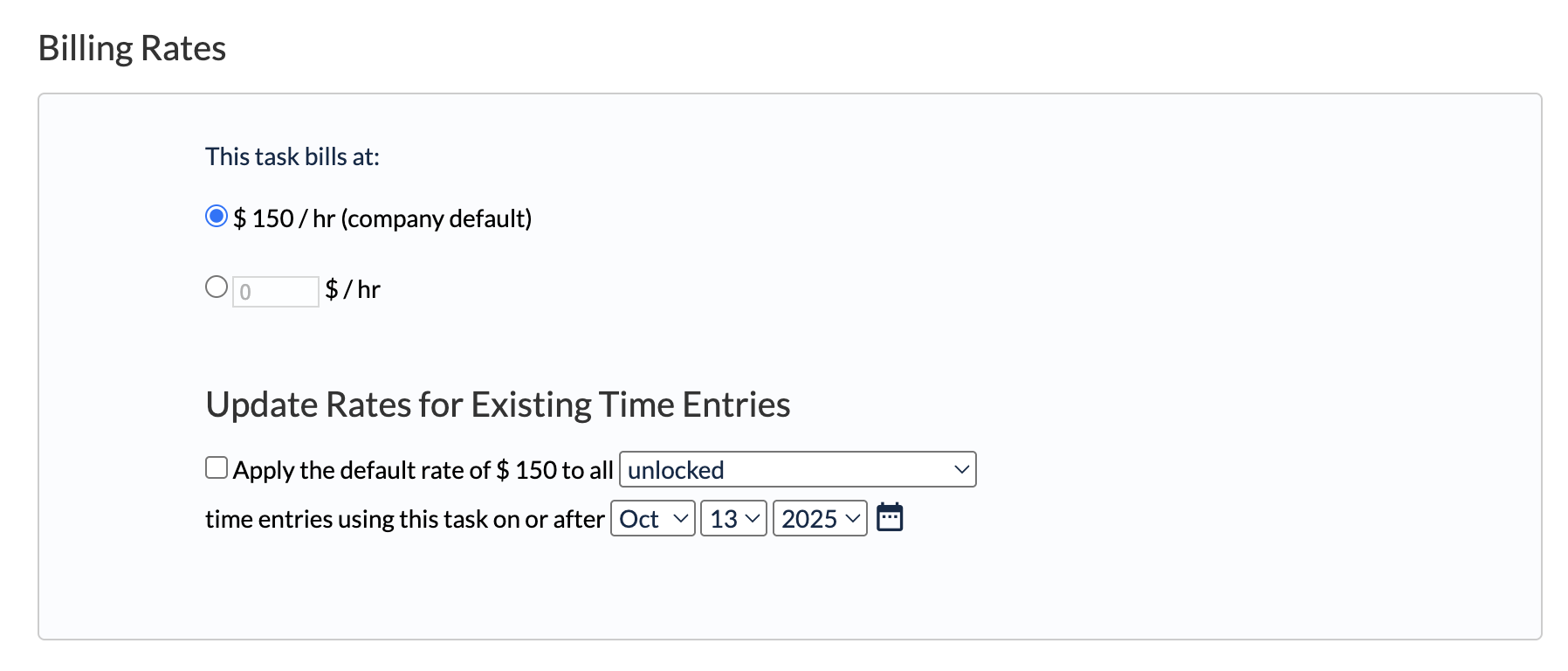 Configure default or custom billing rates at the Task level