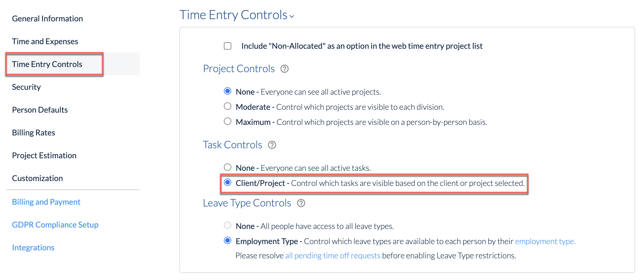 Task list control set to Client/Project scope