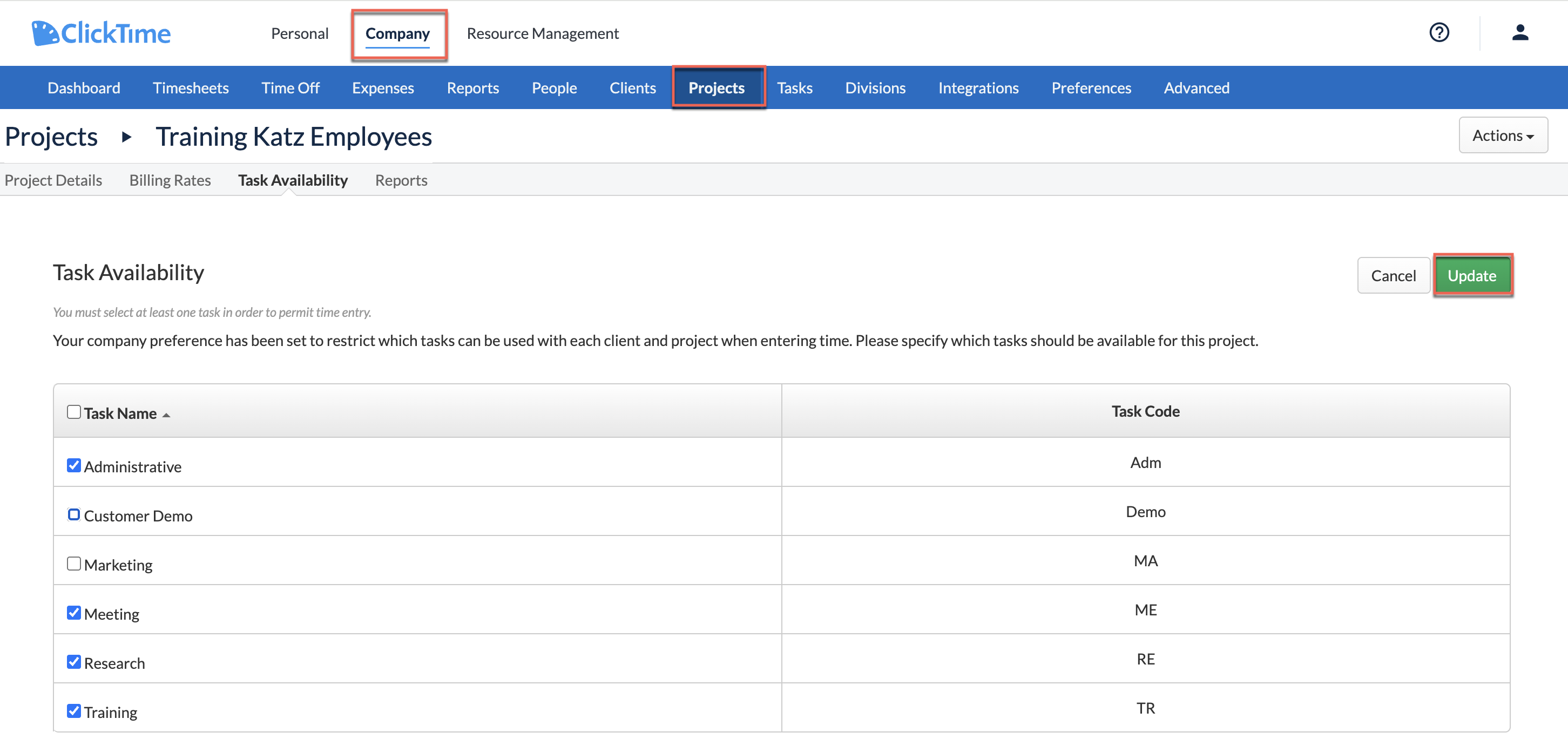 Project-level Task Availability settings
