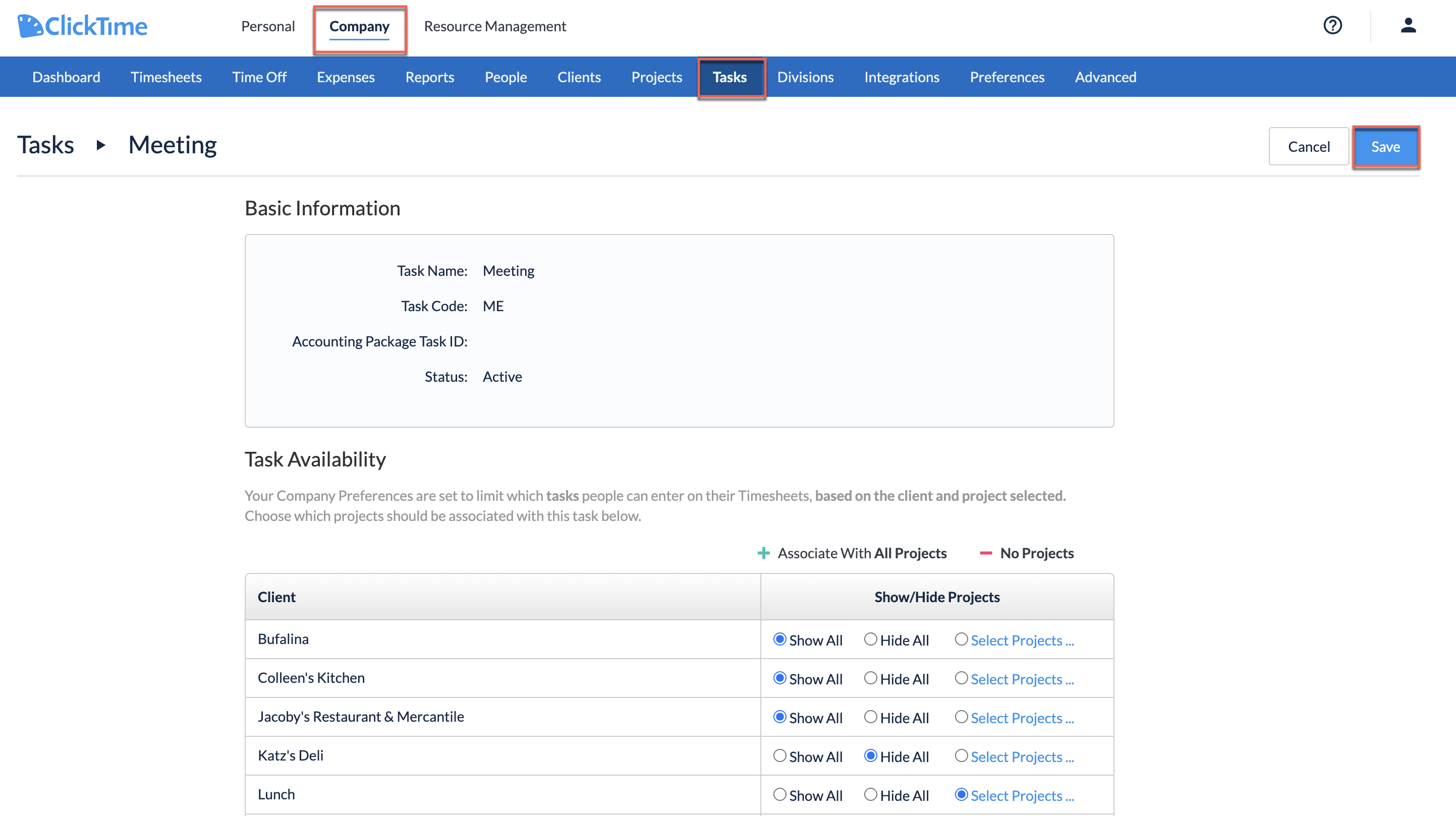 Associating a Task to Clients and Projects in Task Detail