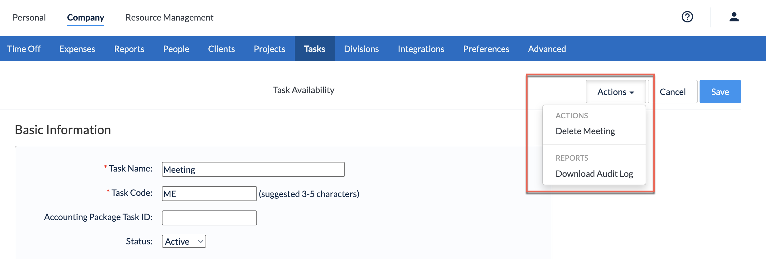 Task Actions menu with Delete and Download Audit Log options