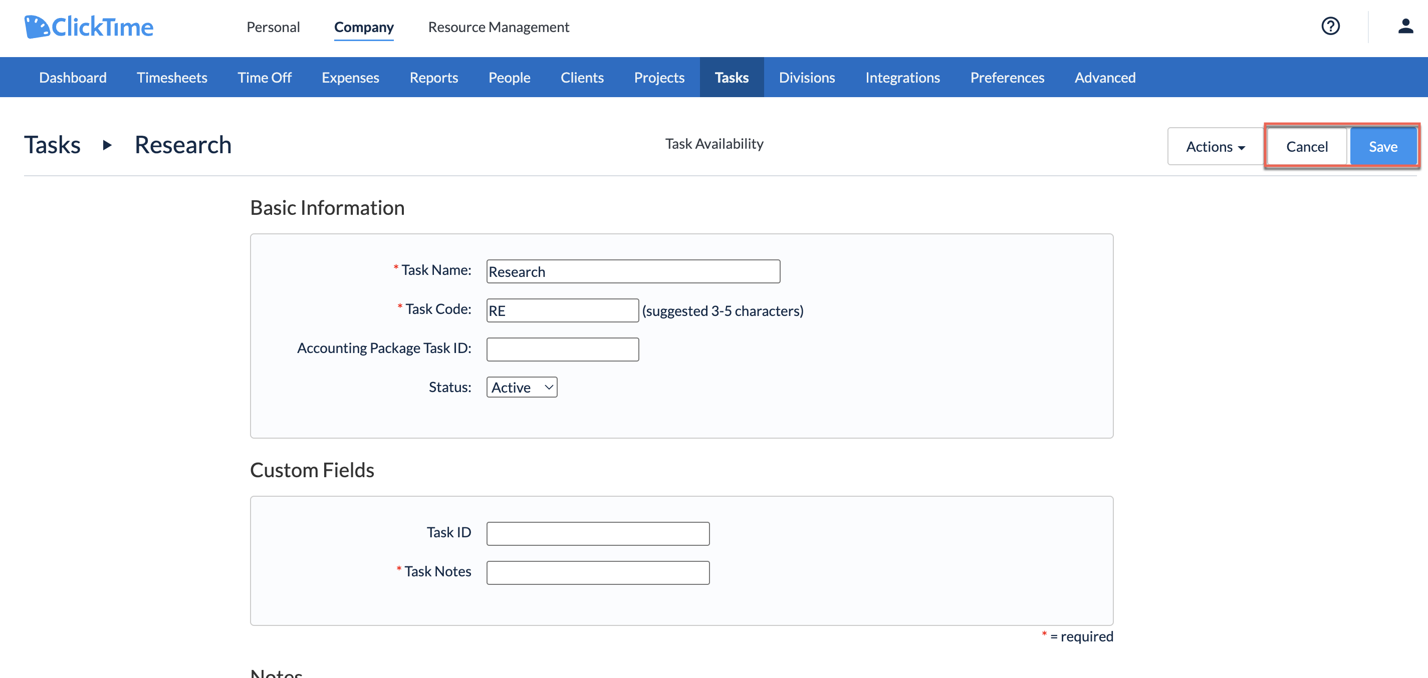 Task Detail page with inline editing and Save control
