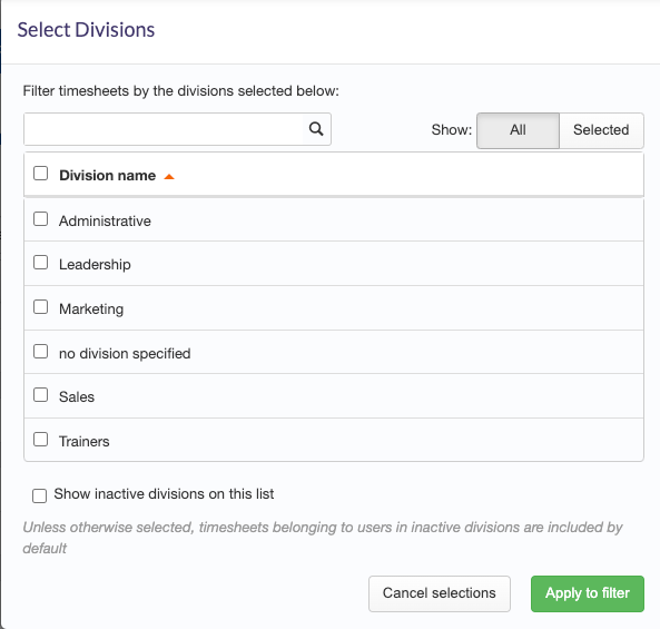 Timesheets view by Division