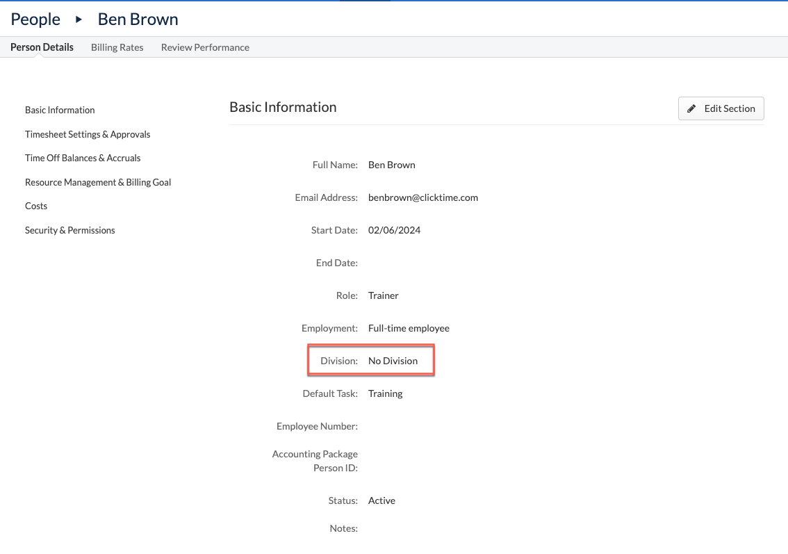 Division field on Person Details