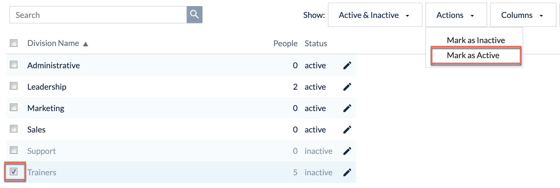 Filter for Active & Inactive Divisions