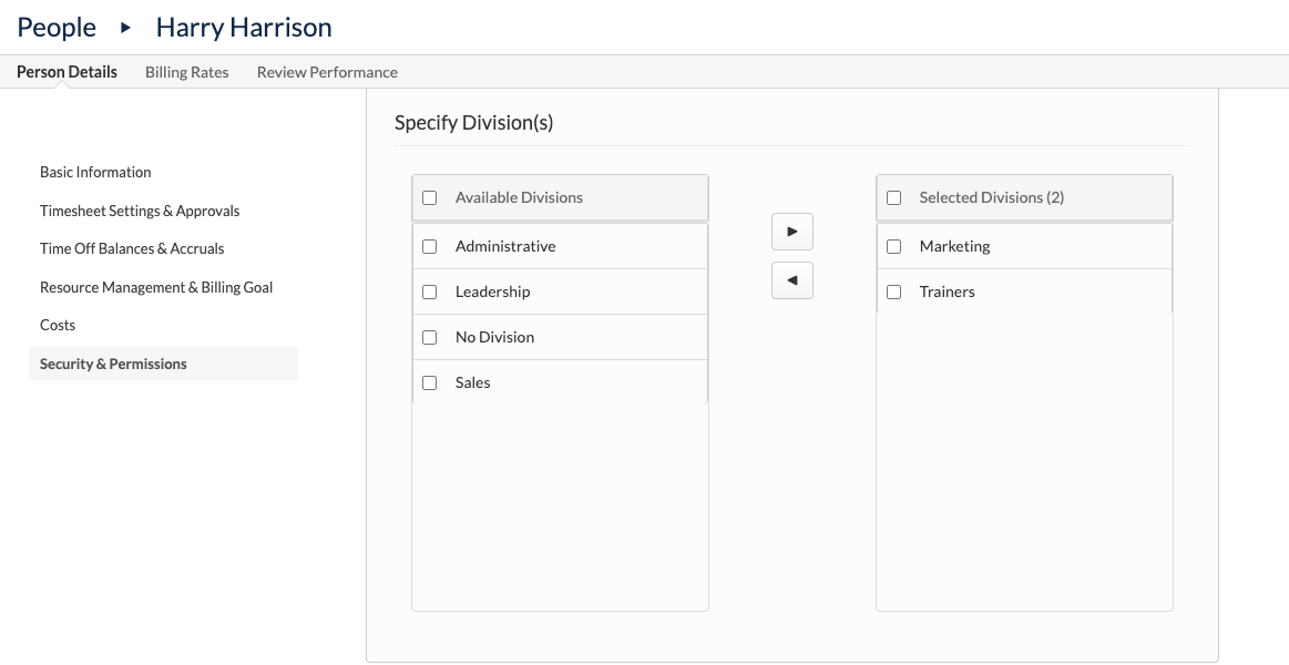 Division selection for manager scope
