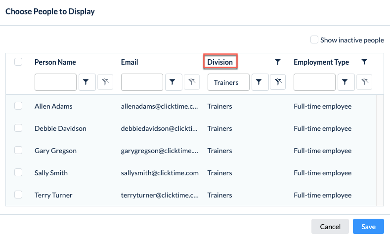 Expense review filtered by Division