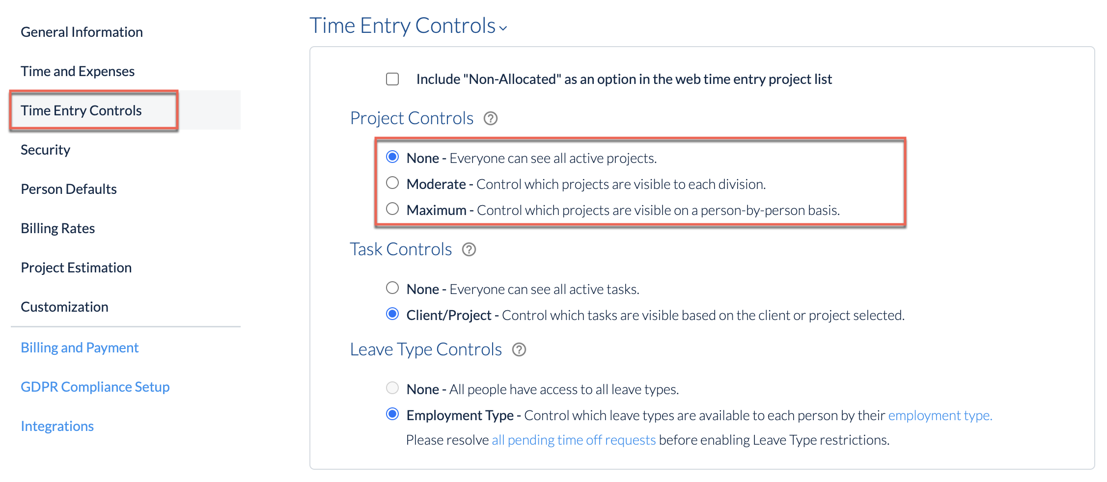 Project List Controls: Minimum, Moderate, Maximum