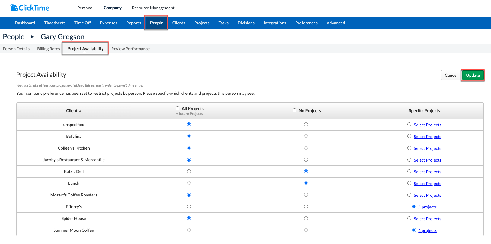 Per-person project visibility settings