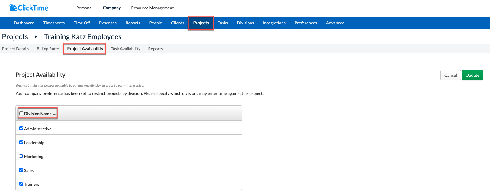 Selecting divisions for Project visibility
