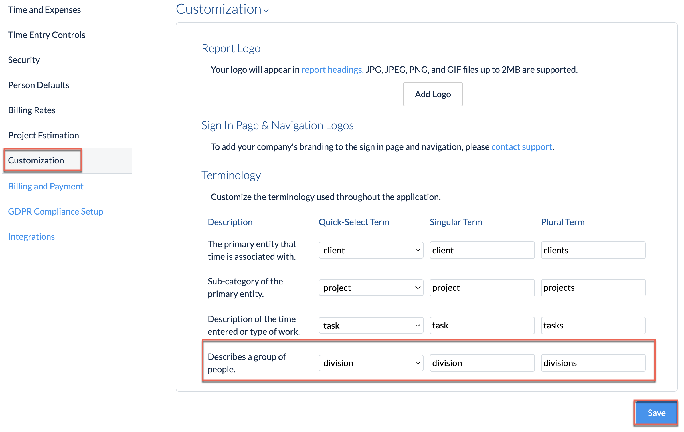 Company Preferences with customizable terminology