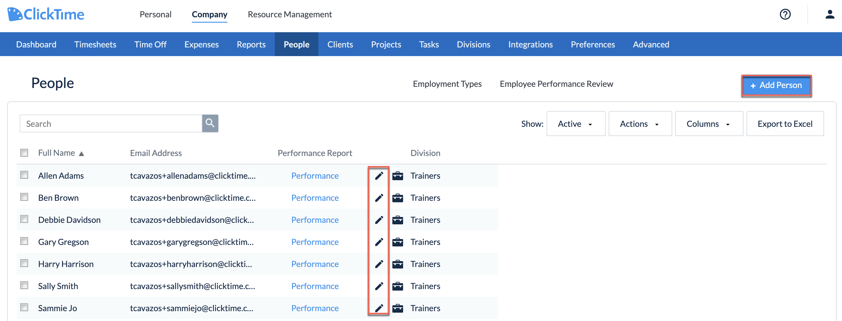 People list with edit and add options