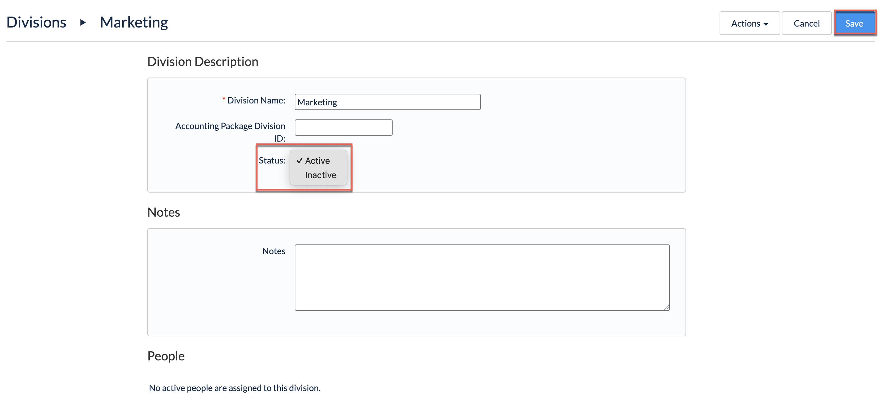Set Division status to Inactive