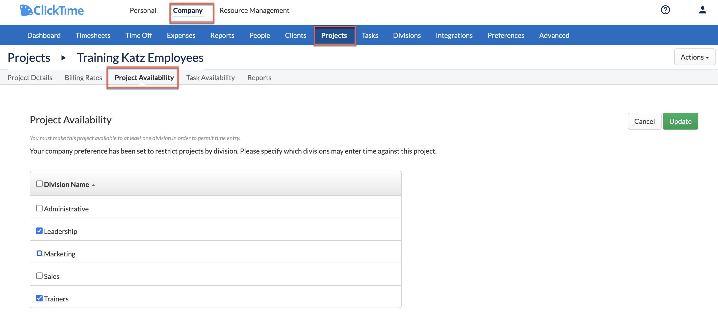 Granting project access by Division on Project Details