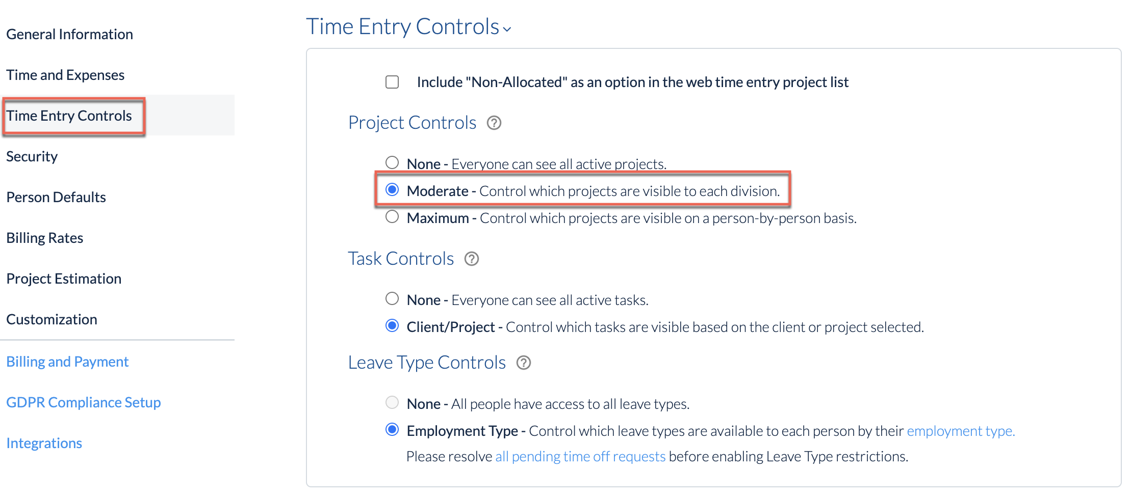 Project List Controls set to Moderate