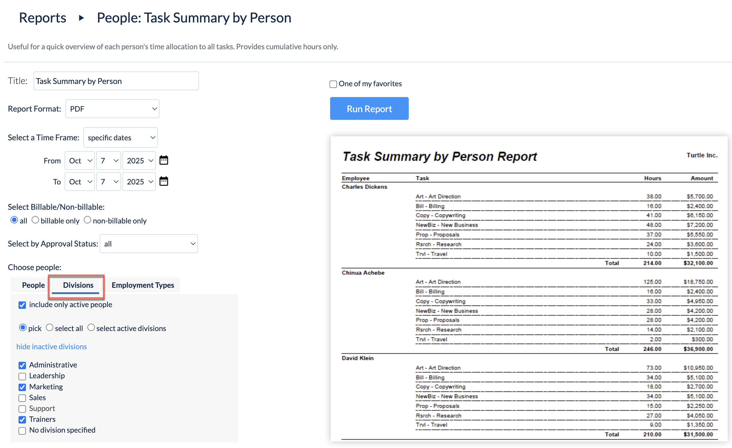 Report filter for Division
