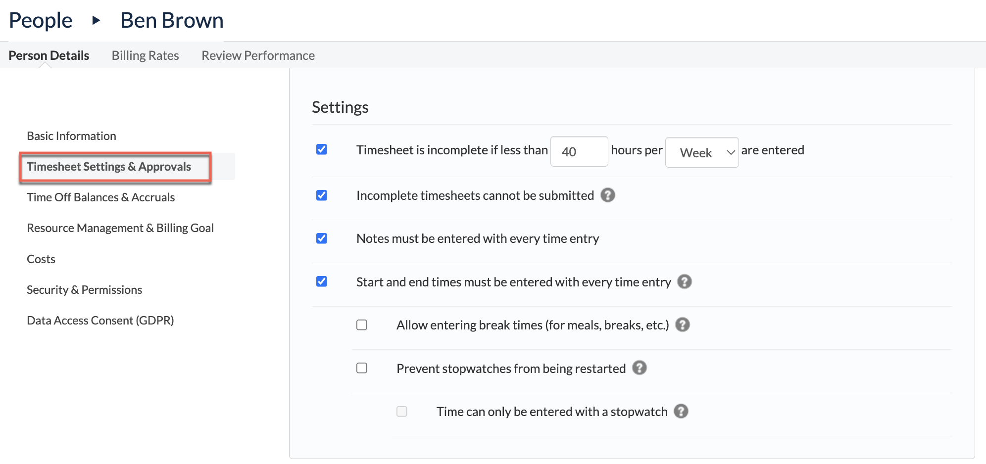 Time Entry settings on Person Details