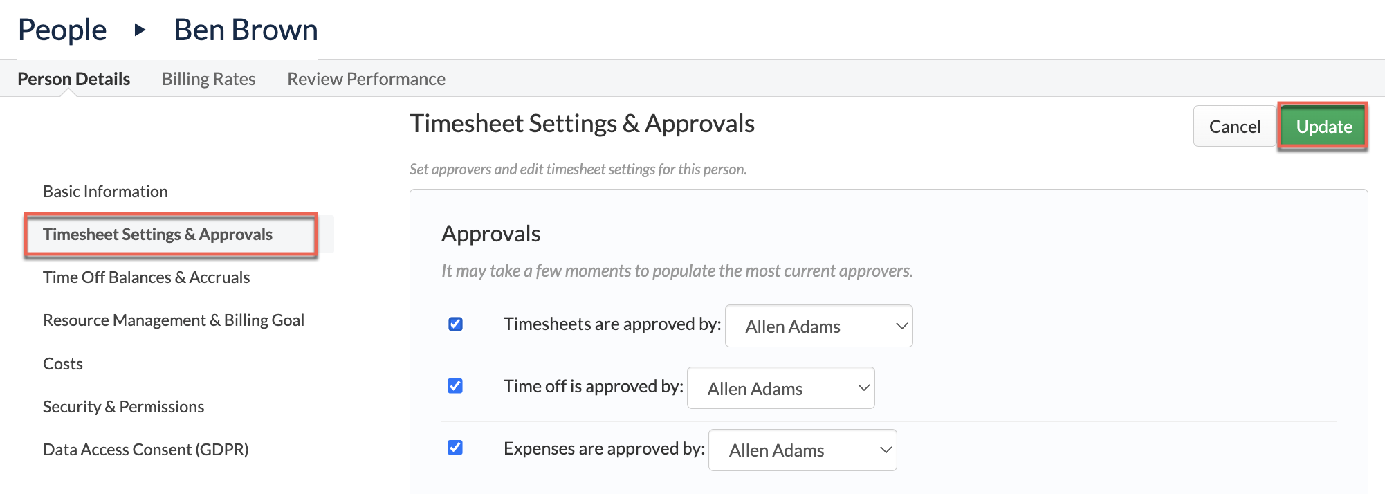 Approver pickers on Person Details