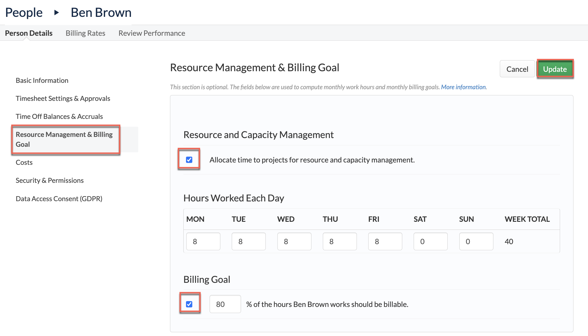 Resource Management capacity settings on Person Details