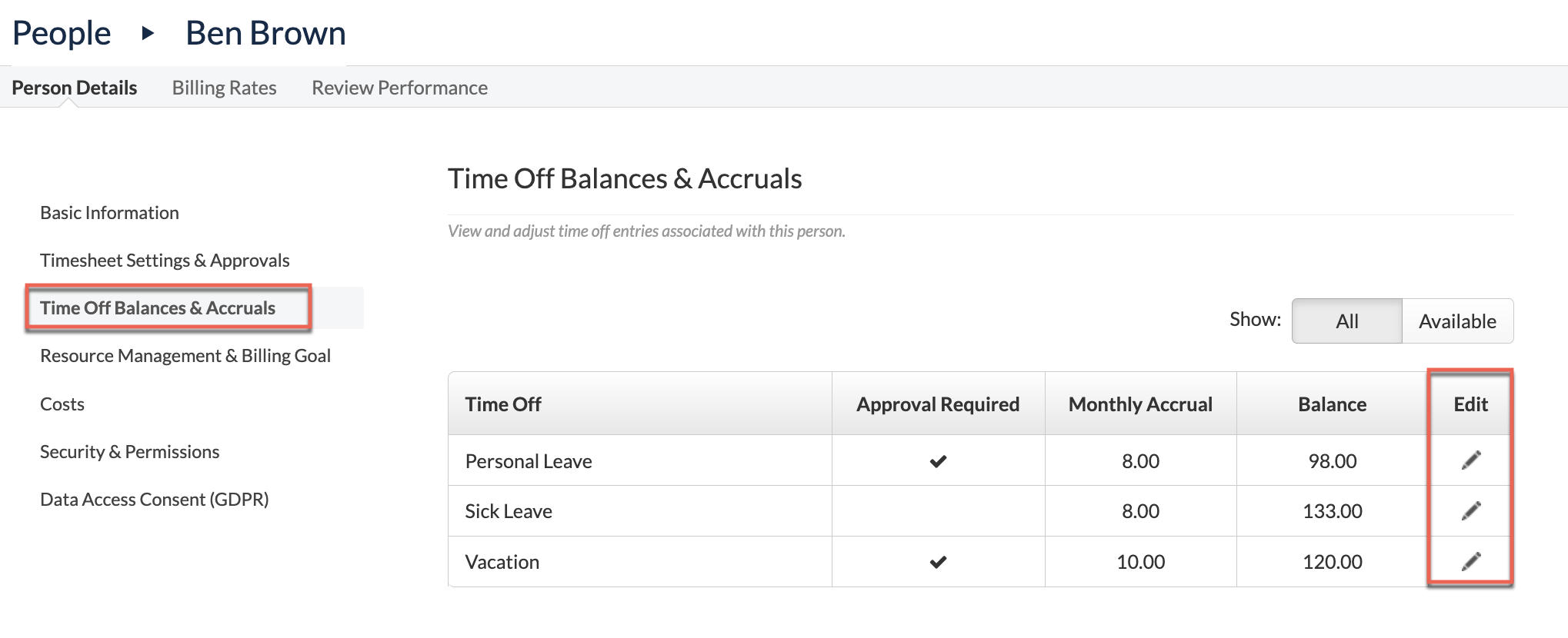 Time Off balances and accruals on Person Details