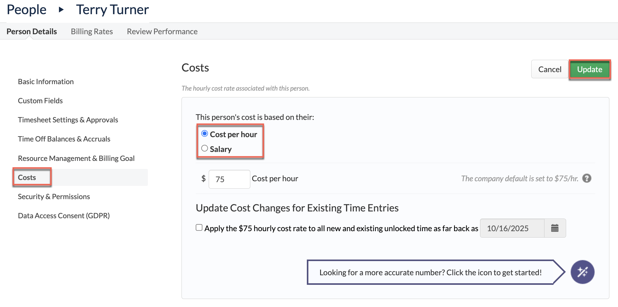 Cost Rate on Person Details