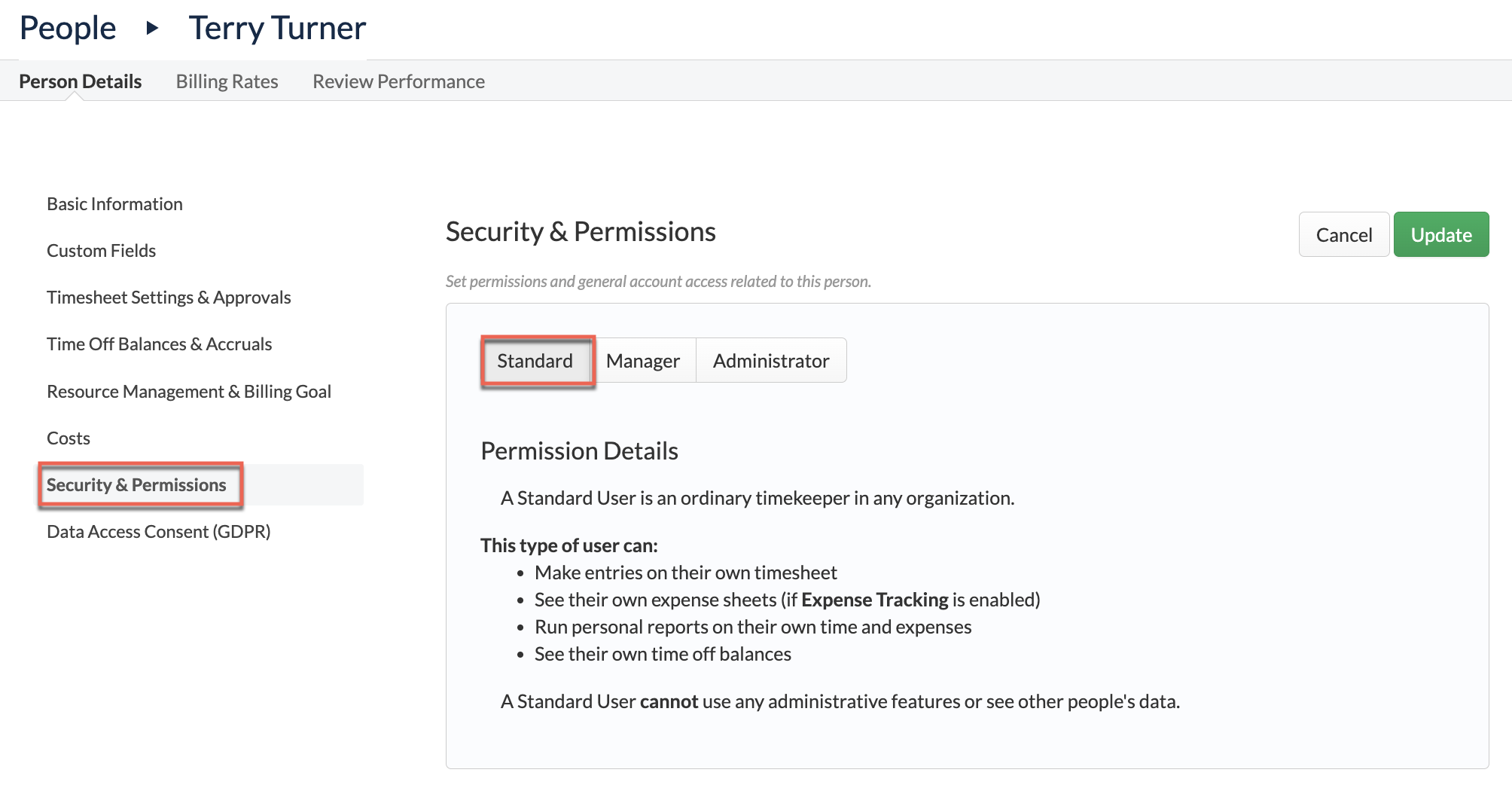 Security level picker on Person Details
