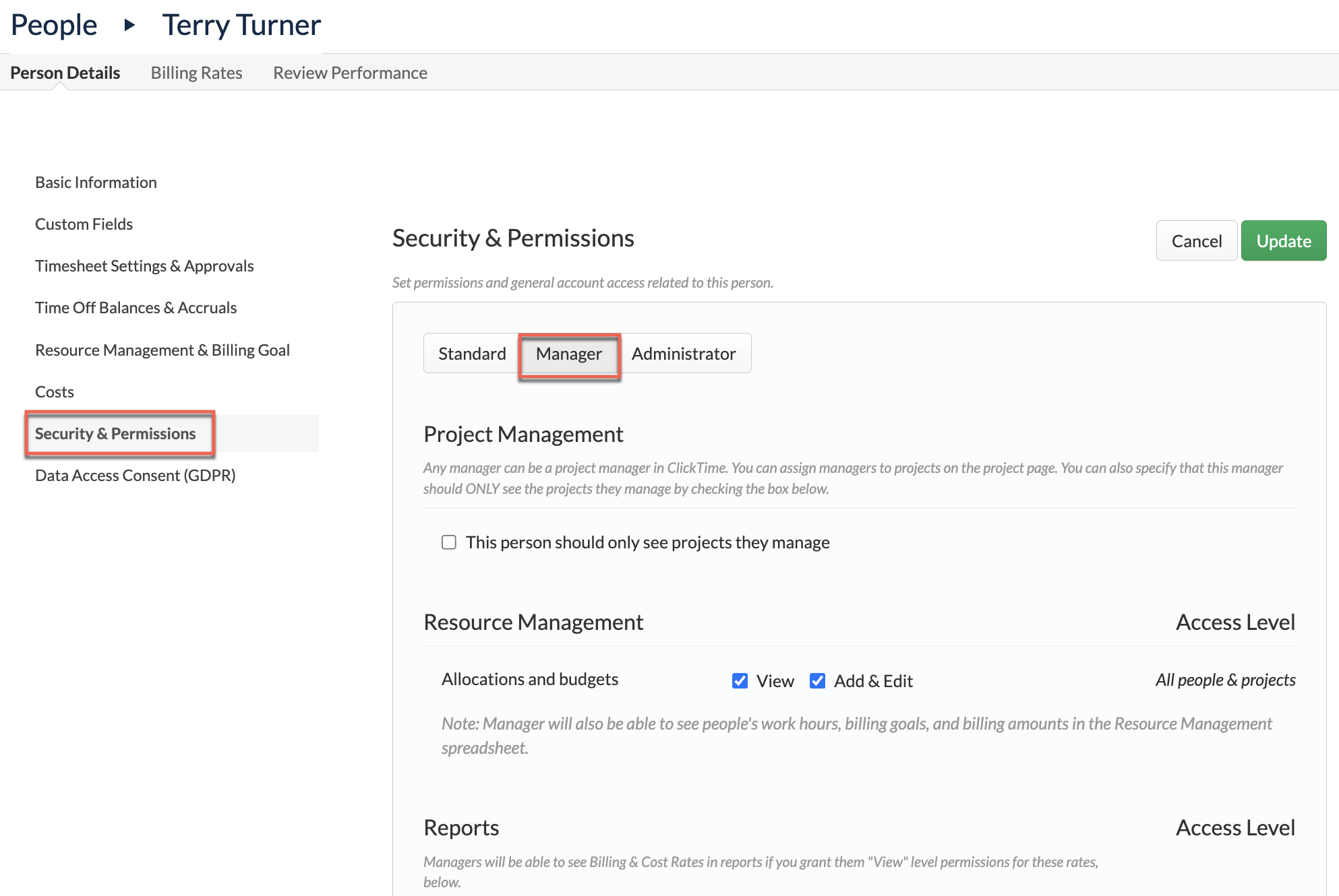Manager permissions grid - People & Divisions