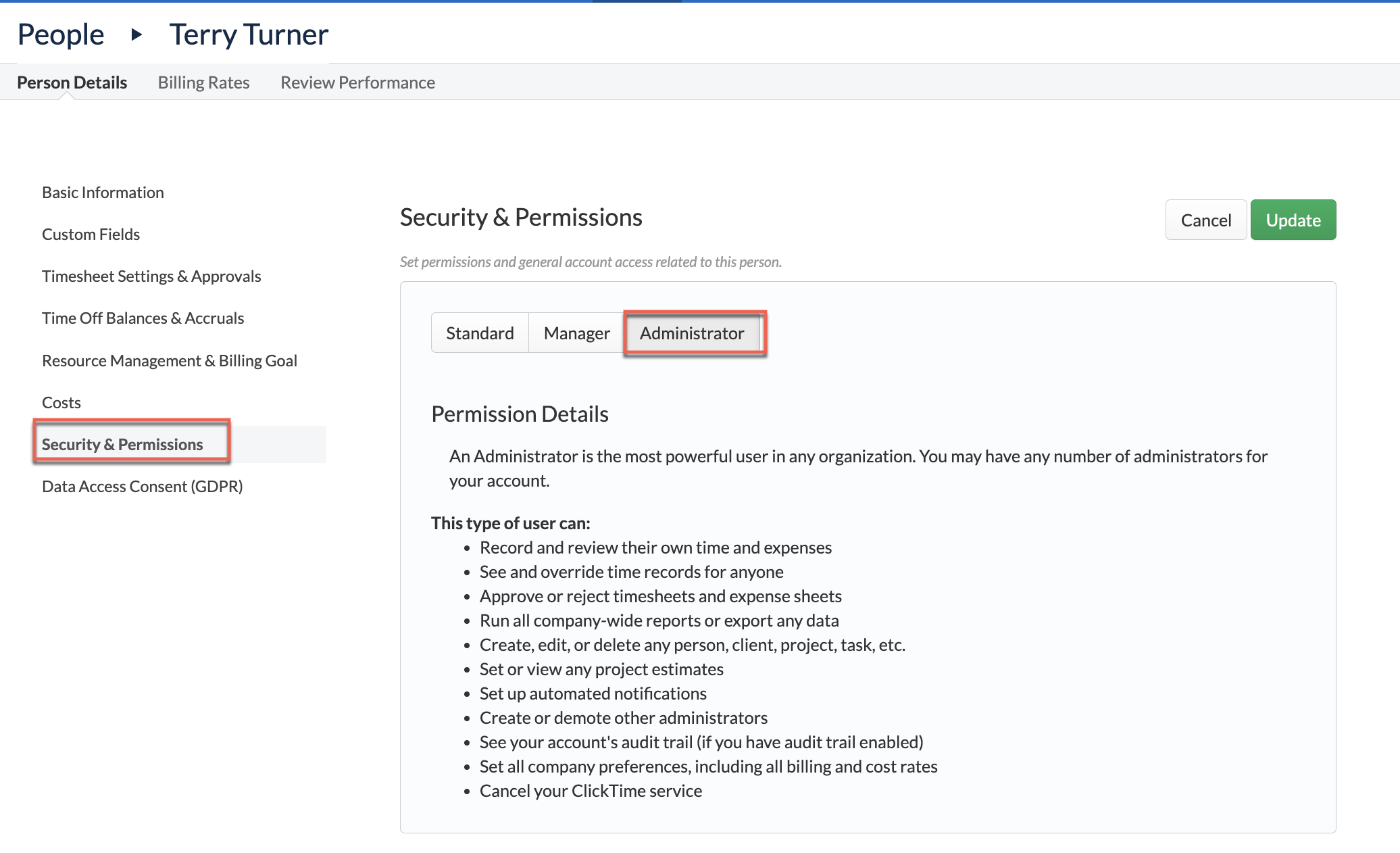 Manager permissions grid - Projects & Reports