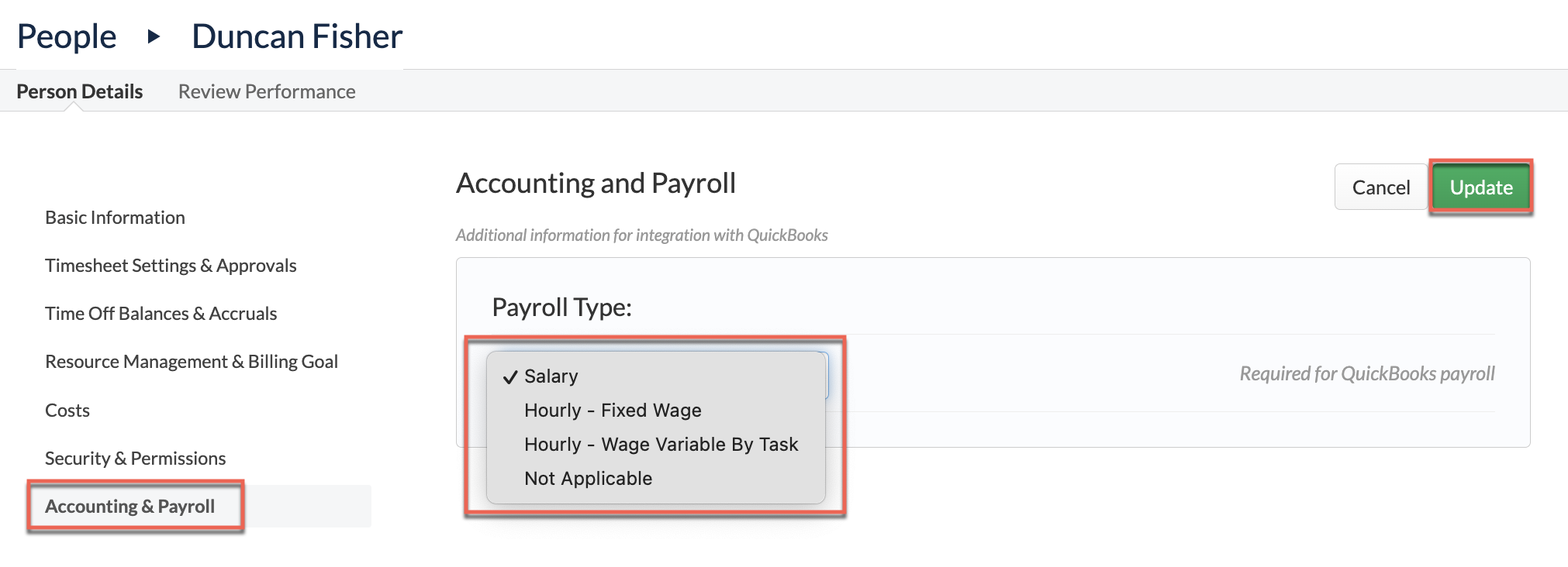 QuickBooks Payroll Type on Person Details