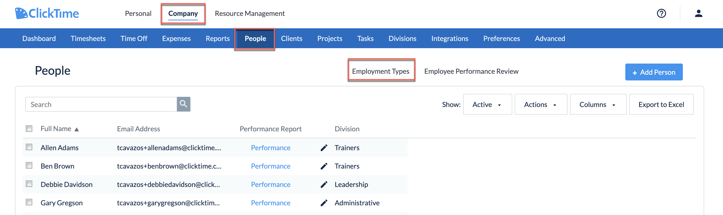 Open Employment Types from Company → People