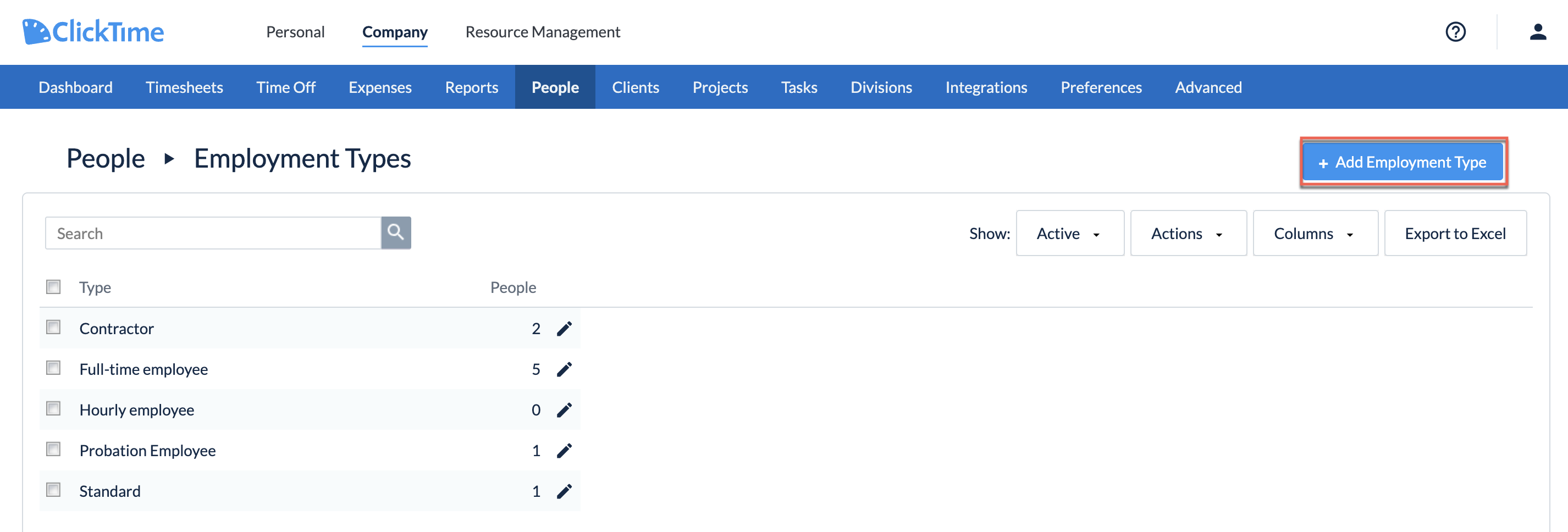 Employment Types list and Add button