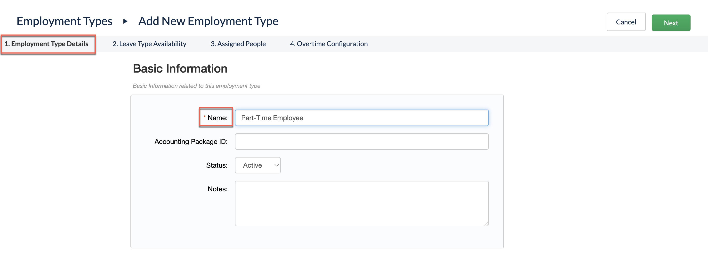 Employment Type Details section