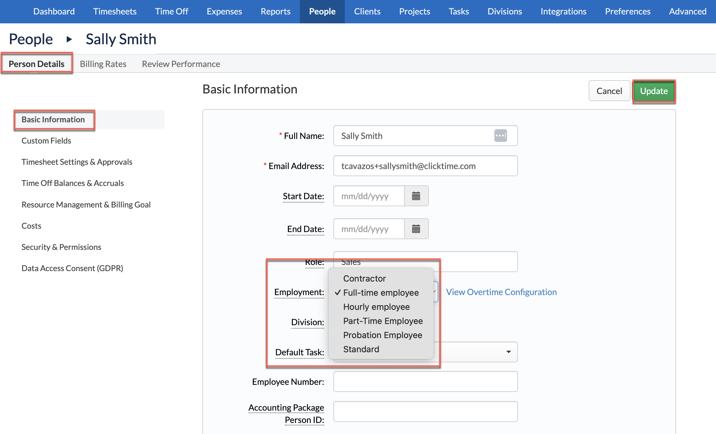 Assign Employment Type on Person Details