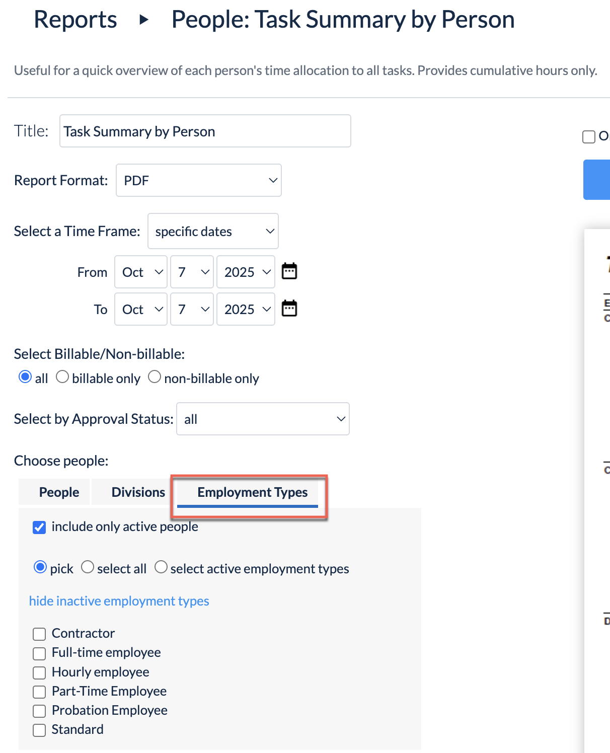 Report filter for Employment Type