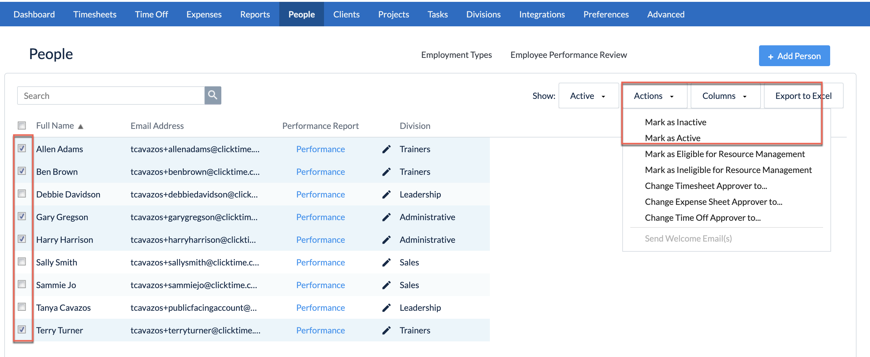 Bulk activate/inactivate from Actions menu