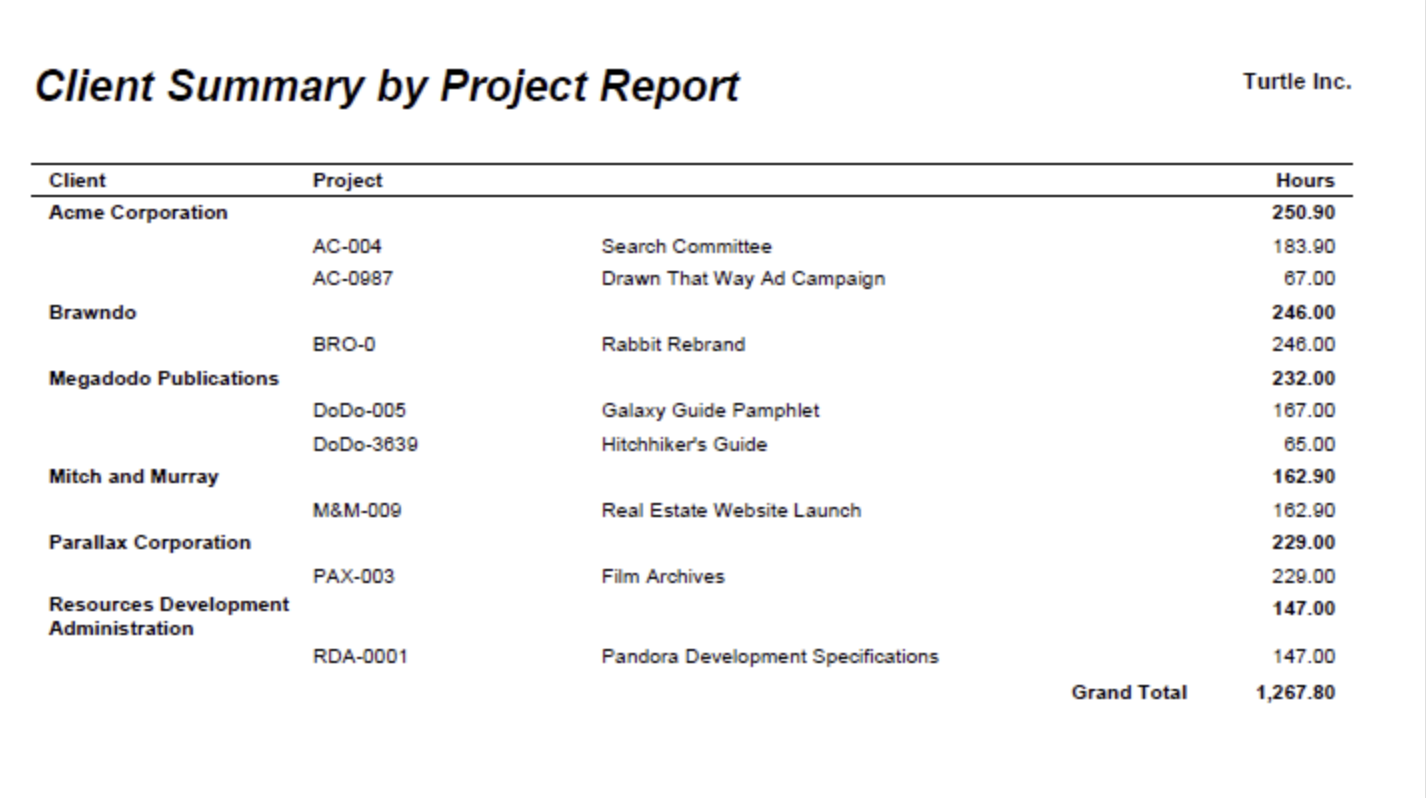 Client Summary by Project — overview with hours by client and project