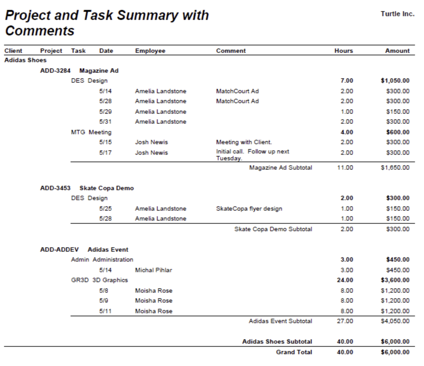 Project and Task Summary with Comments — task totals plus comments