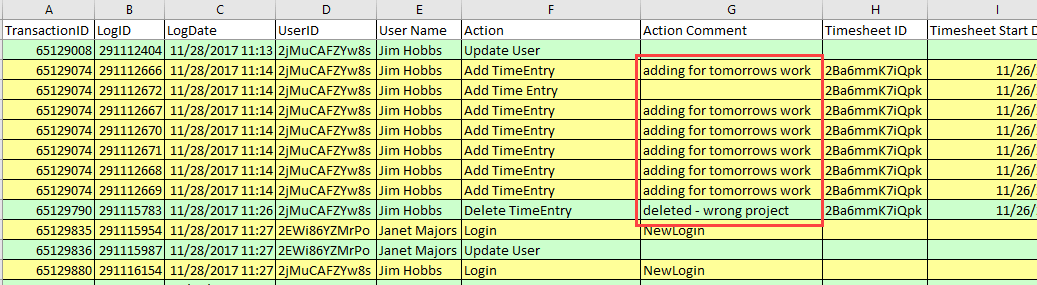 Action Comment column showing reason text