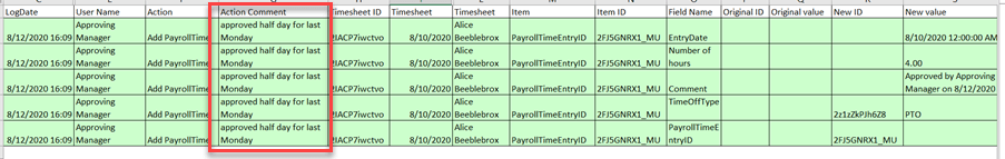 Approver and comment captured in the audit log