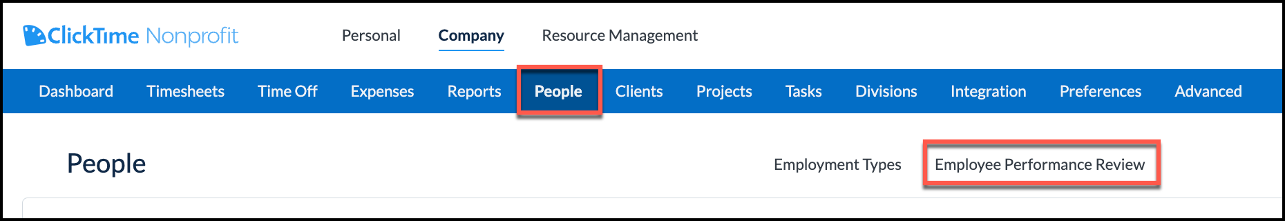 Employee Performance Review entry points on People list