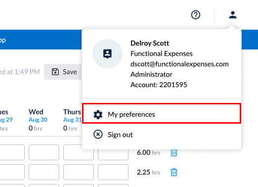 User menu expanded with My Preferences option