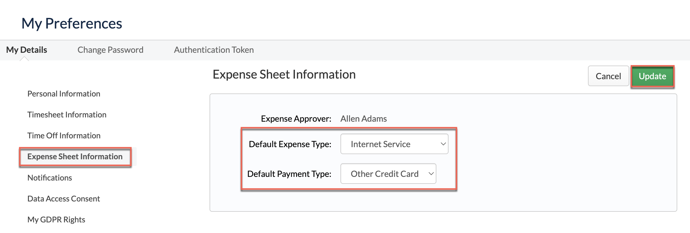 Expense defaults in My Preferences