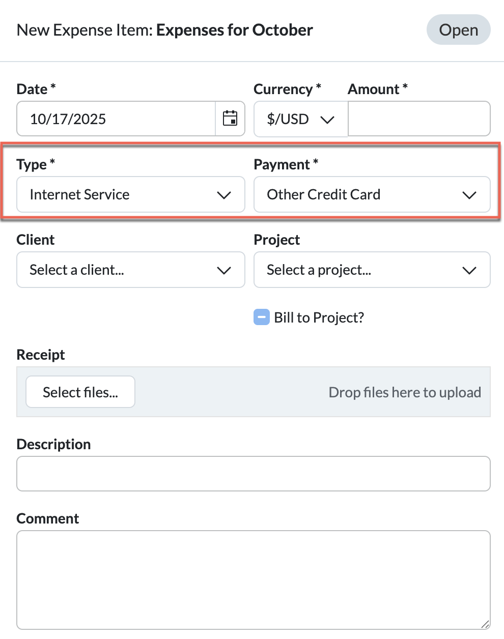 New Expense Item — default types applied