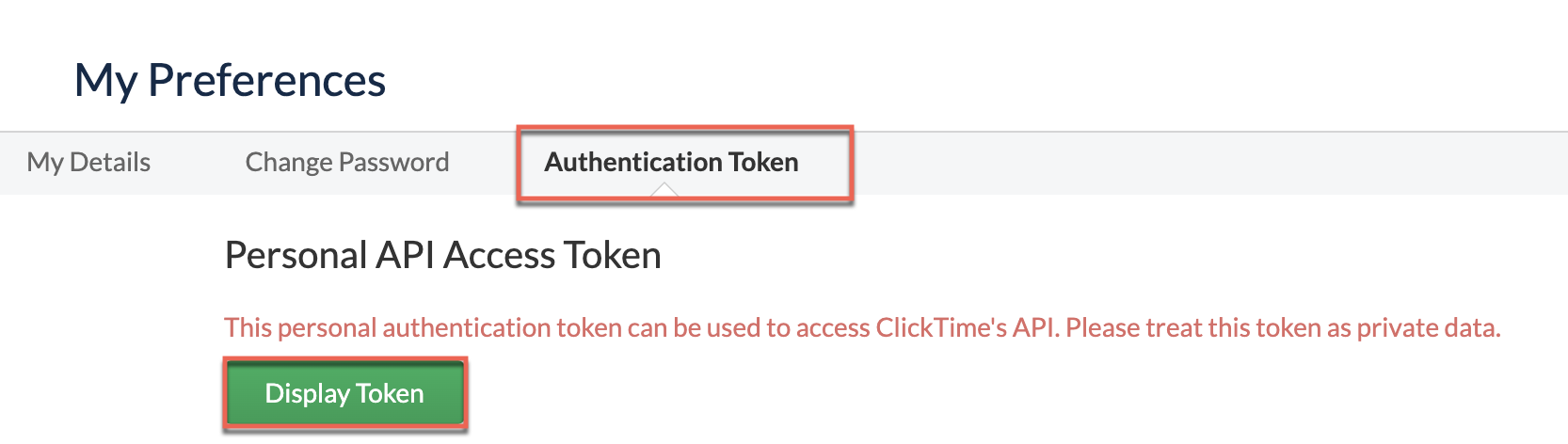 Authentication Token shown in My Preferences