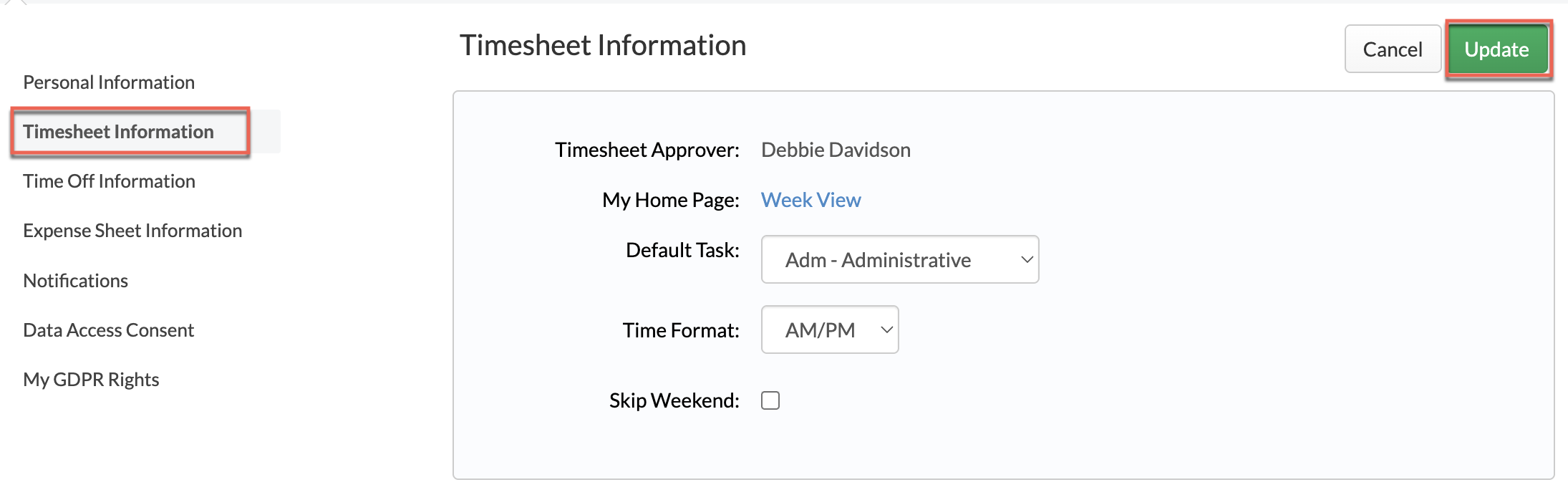 Timesheet / Time Entry information section