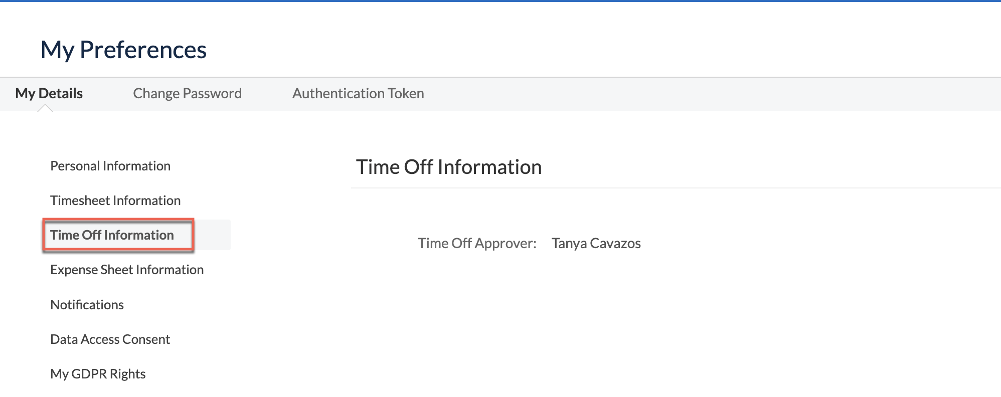 Time Off Information showing approver