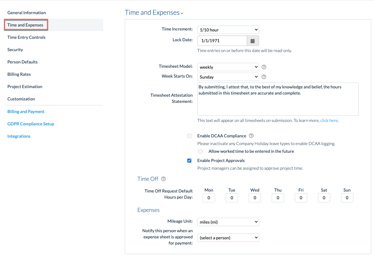 Time and Expenses section overview