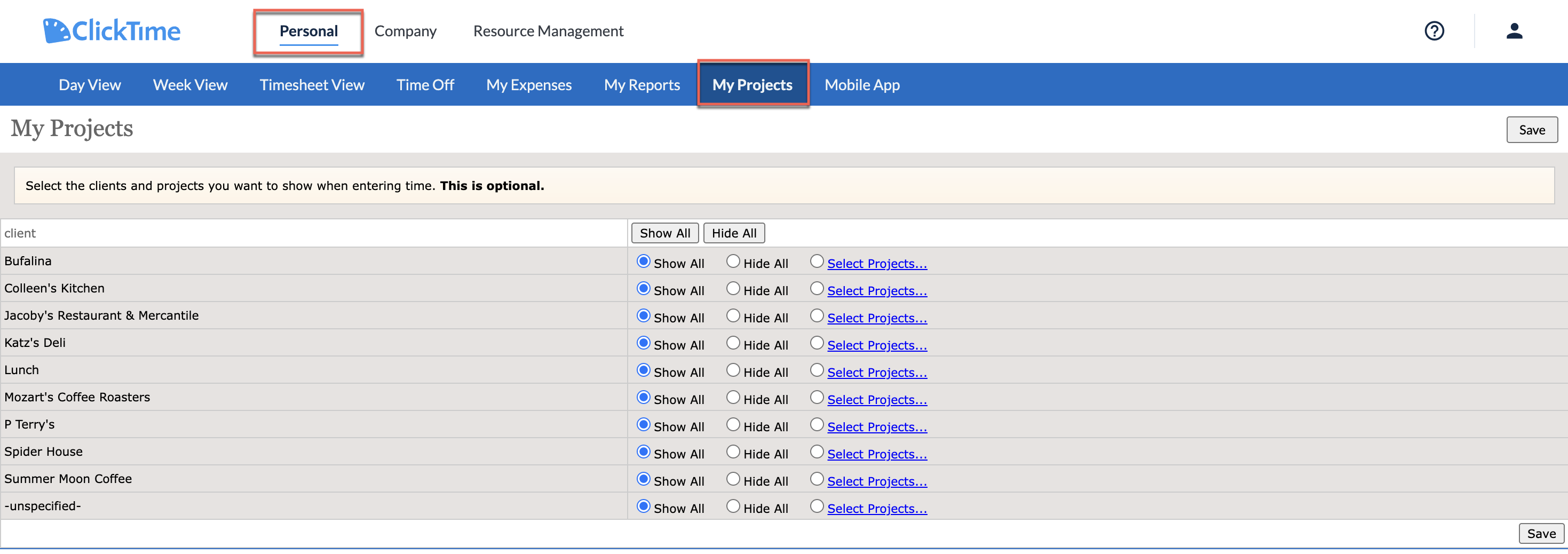 My Projects tab lets users pick visible projects