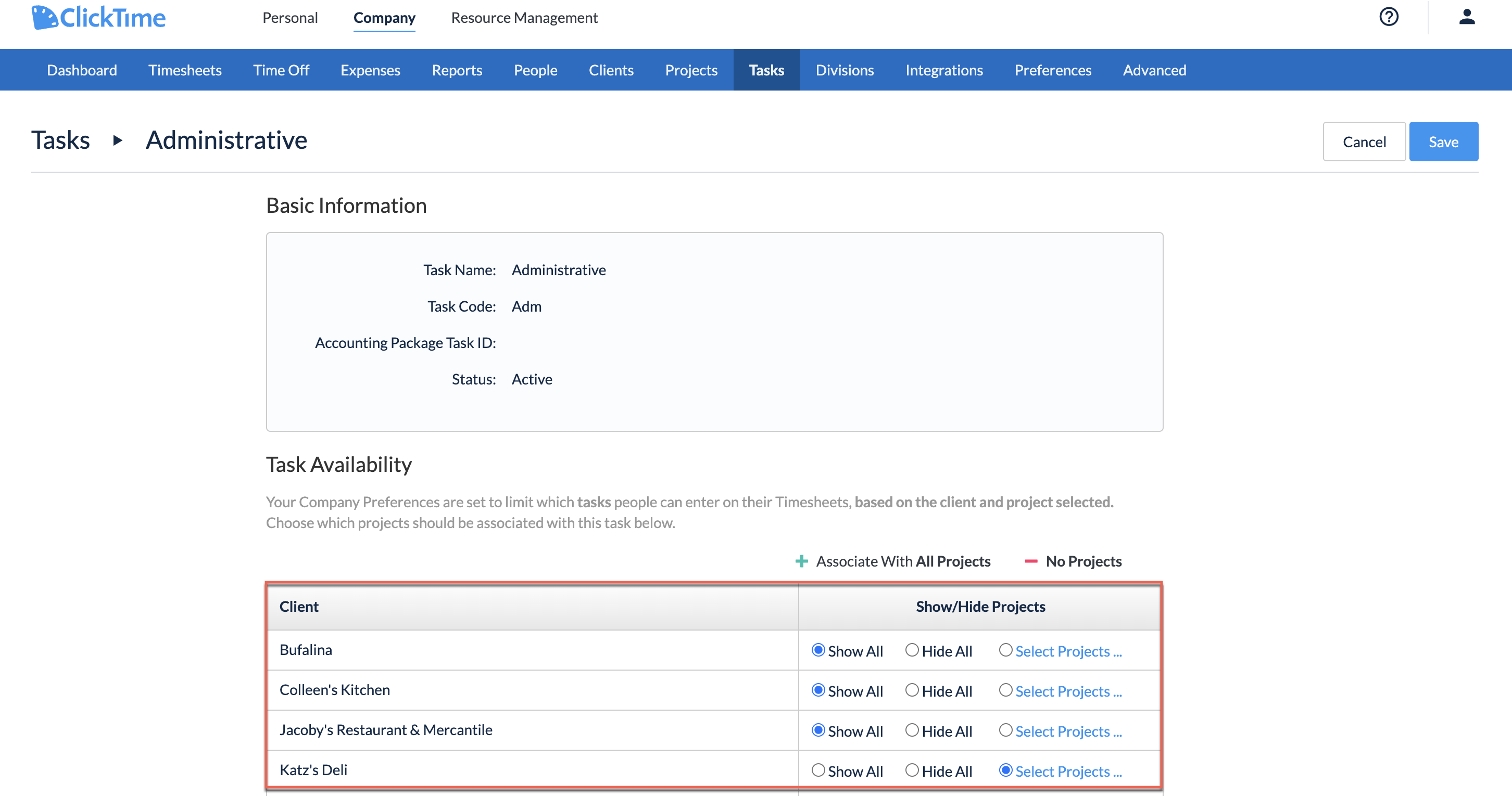 Task list filtered by client or project - example 1