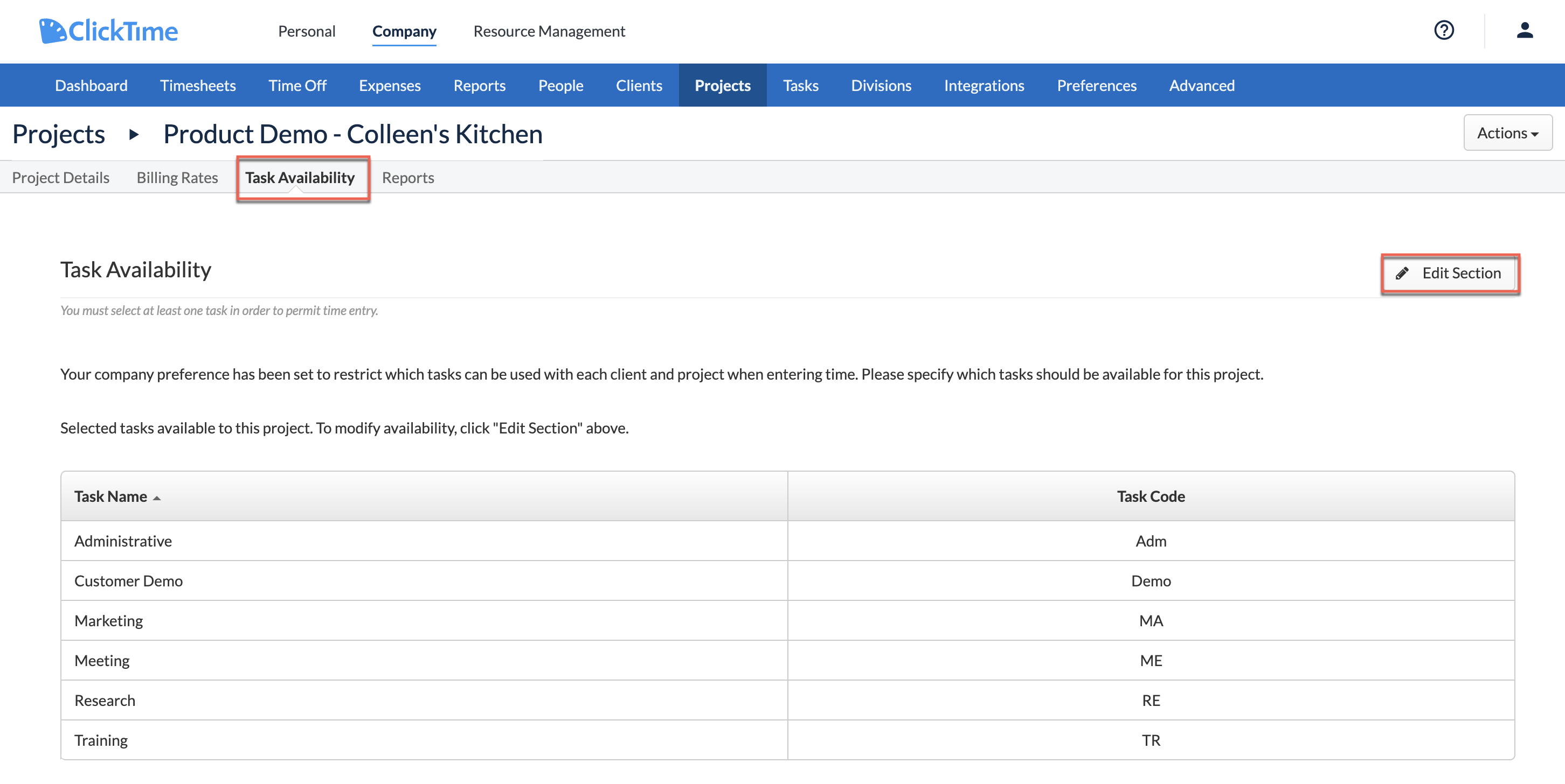 Task list filtered by client or project - example 2